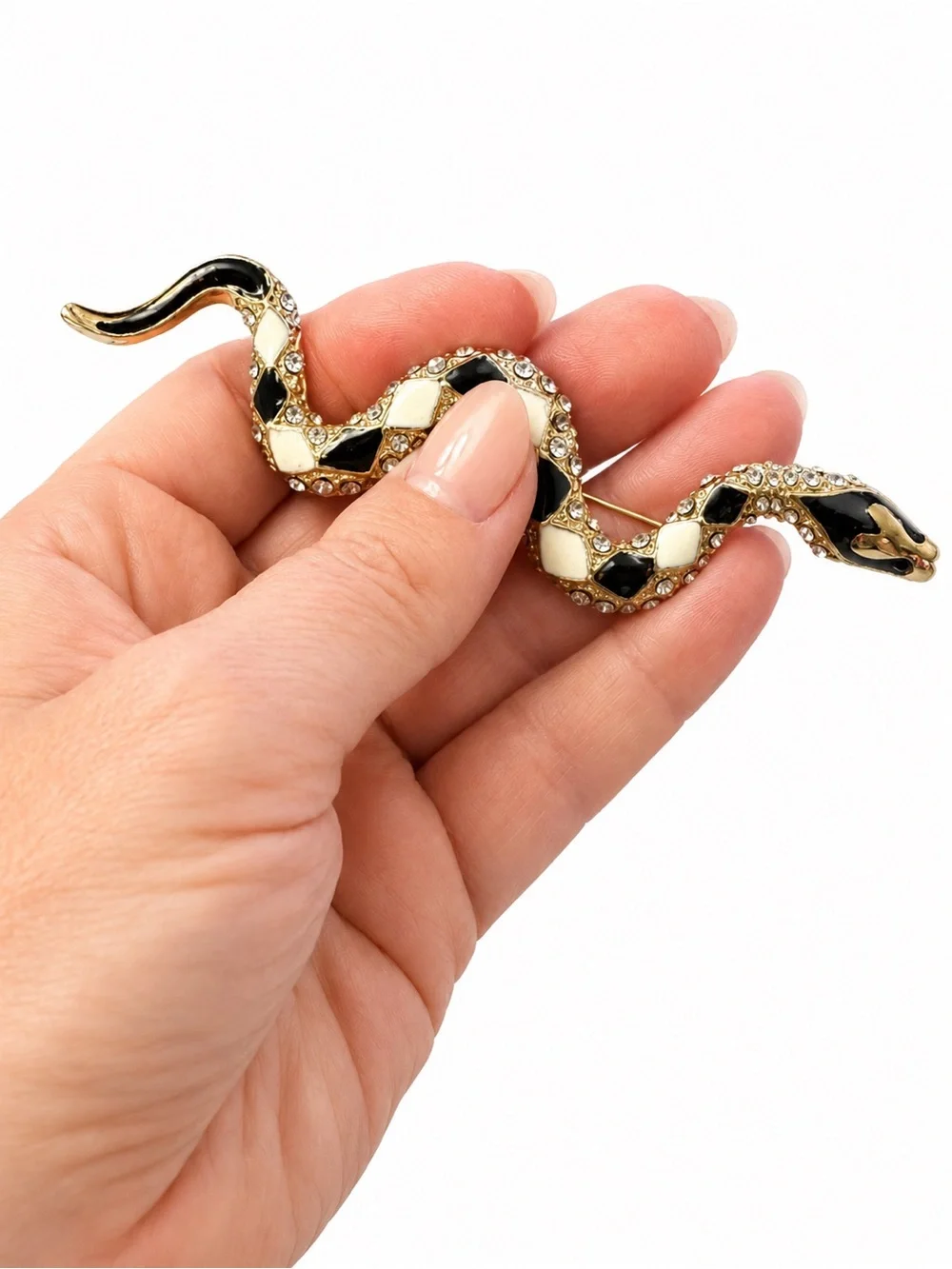 Vintage Black & Cream Enamel Snake Brooch Rhinestone Gold Tone Statement Pin